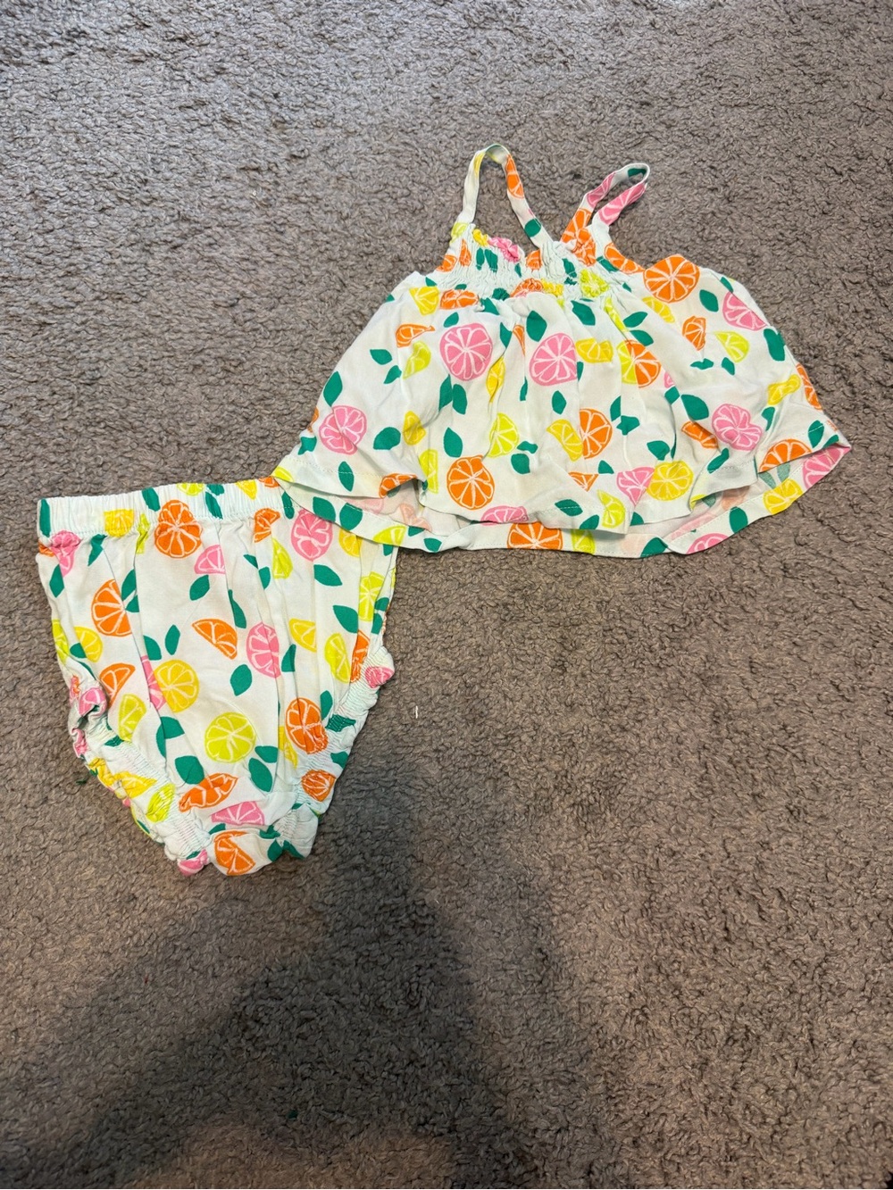 Girls Citrus Print Two-Piece Set  - White with Orange, Pink & Yellow
